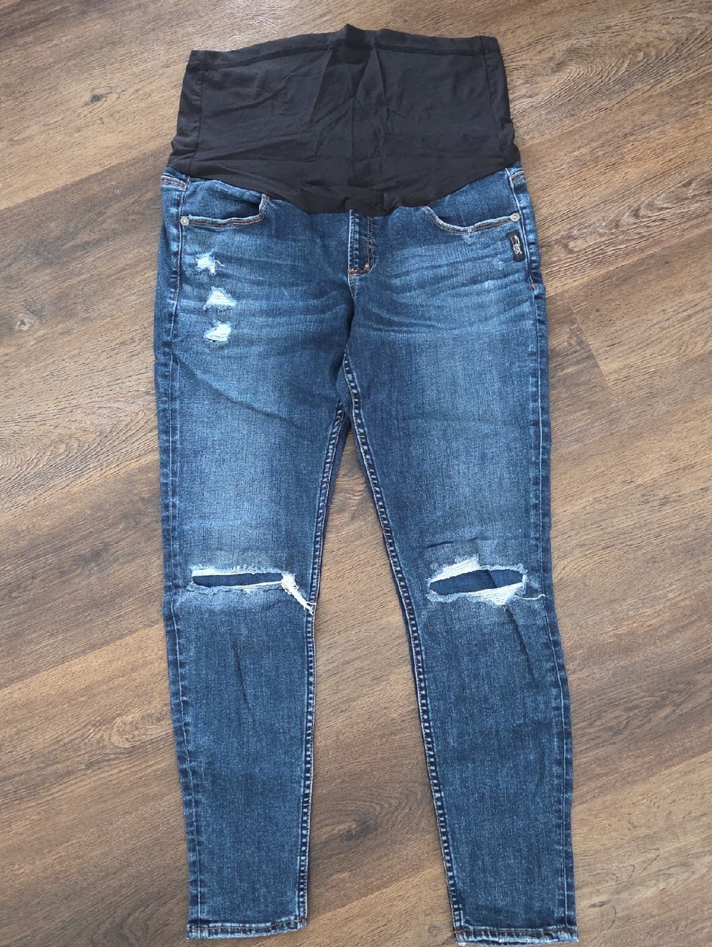 Maternity Skinny Jeans with Black Stretch Waistband - Distressed Dark Blue